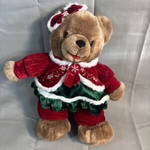 Dan Dee Christmas Plush 14” Red & Green Snowflake Dress brown Teddy Bear